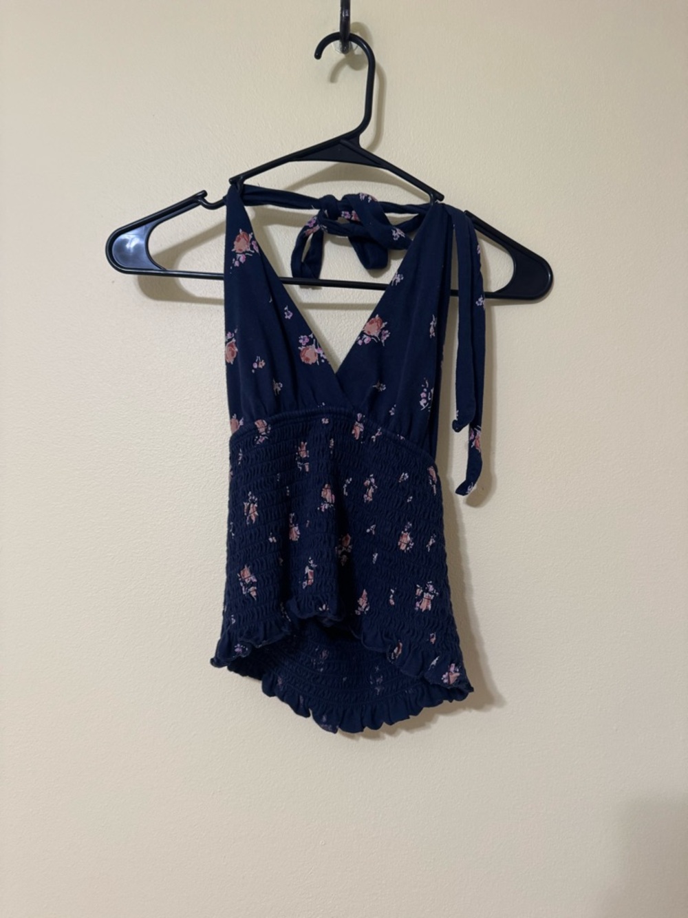 Navy Floral Tie-Neck Smocked Women's Halter Top